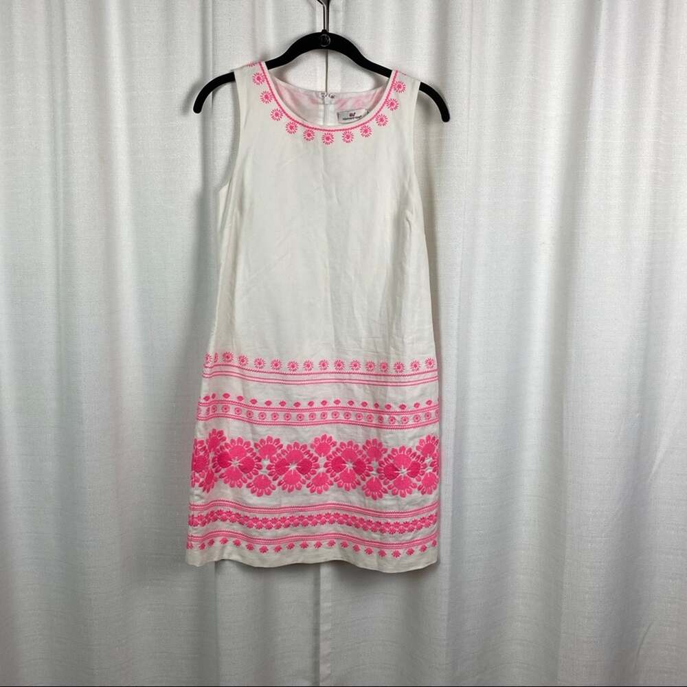 Vineyard Vines White&Pink Caribbean Floral Embroidered Linen Shift Dress Sz.0